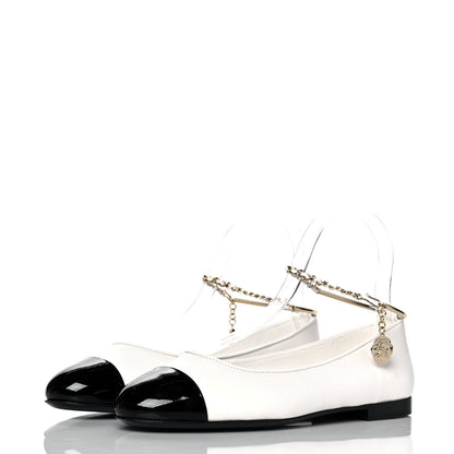Chanel Lambskin Patent Calfskin Cap Toe Ankle Chain Ballerina Flats 37.5 White Black 3 of 10