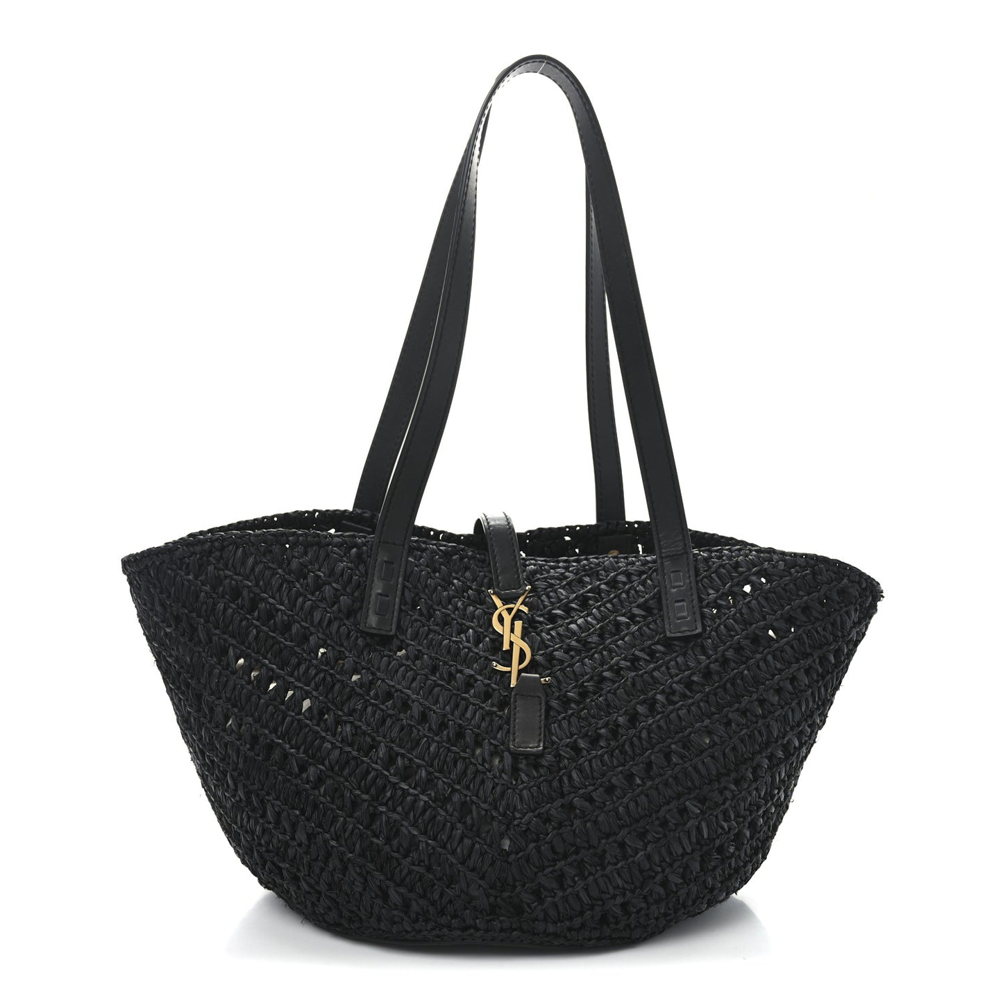 Raffia Calfskin Small Panier Tote Black
