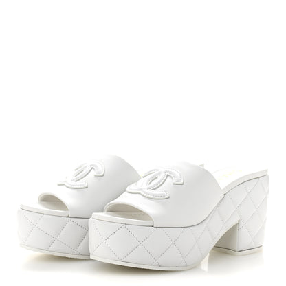 Chanel Lambskin Quilted CC Platform Mules 38 White 4 of 10