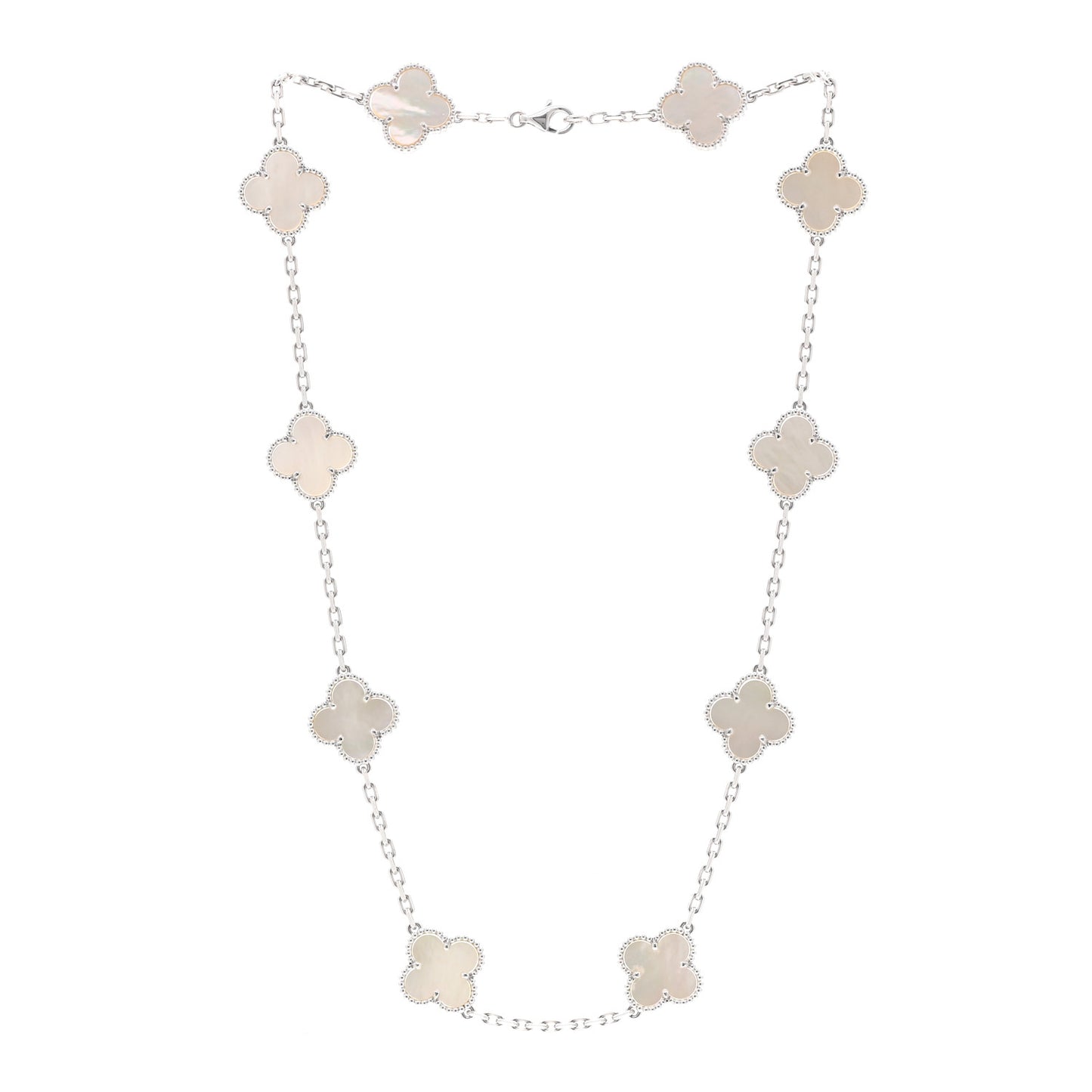 18K White Gold Mother of Pearl 10 Motifs Vintage Alhambra Necklace