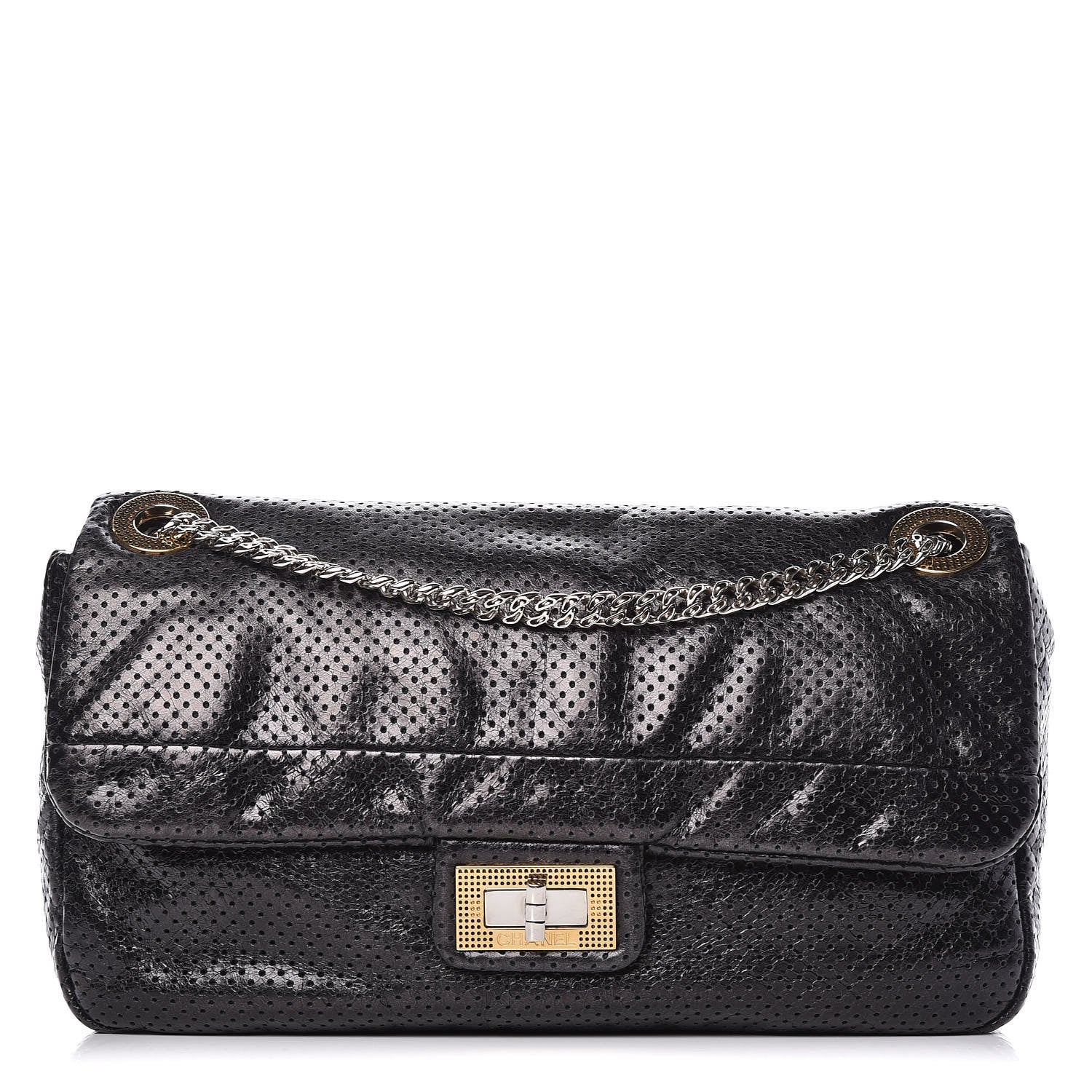Chanel Metallic Crackled Calfskin Large Perforated Drill Flap Black 1 of 12