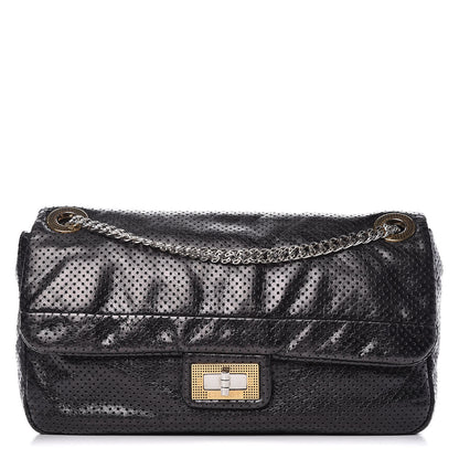 Chanel Metallic Crackled Calfskin Large Perforated Drill Flap Black 1 of 12