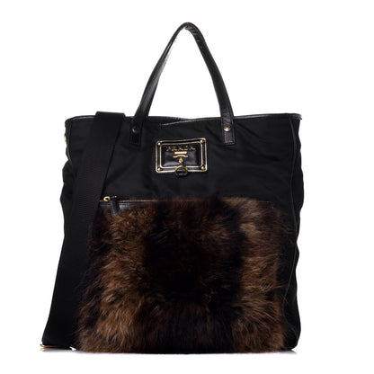 Prada Tessuto Nylon Fur Front Pocket Tote Black 1 of 9
