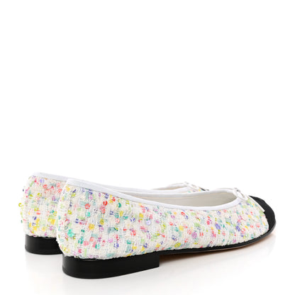Chanel Tweed Sequin Grossgrain Cap Toe Ballerina Flats 40 Ecru Multicolor Black 4 of 10