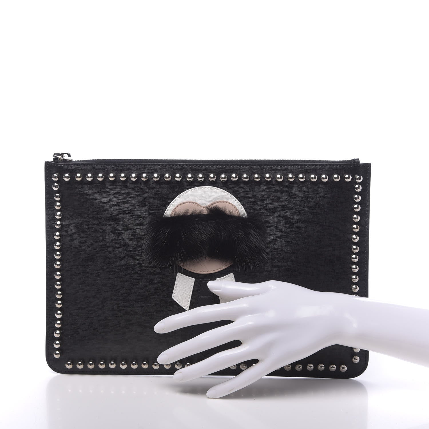 Fendi Vitello Elite Flamingo Mink Karlito Studded Pouch Black White Plaster 2 of 8