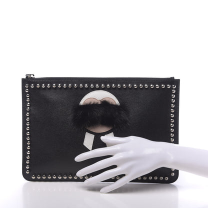 Fendi Vitello Elite Flamingo Mink Karlito Studded Pouch Black White Plaster 2 of 8