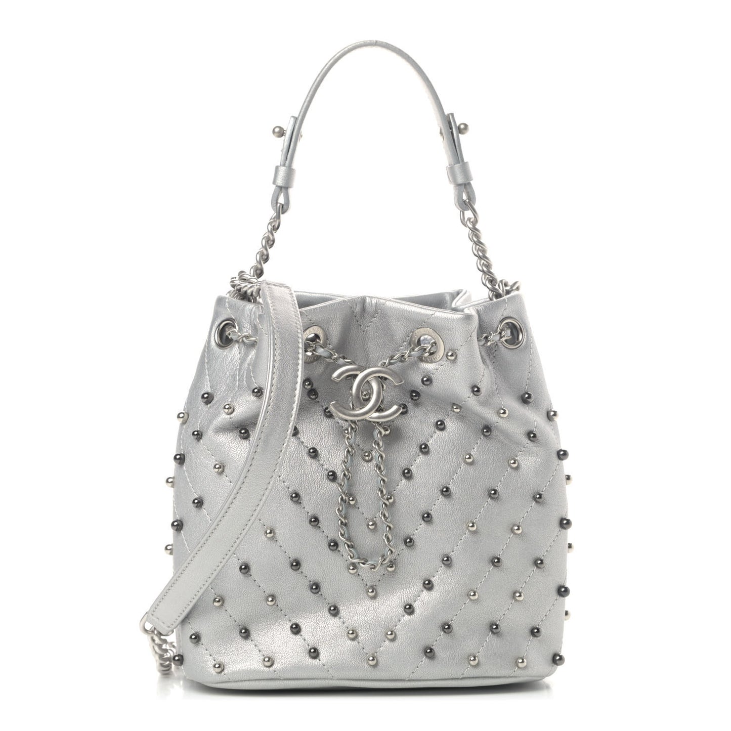 Metallic Lambskin Studded Chevron Quilted Small Stud Wars Drawstring Bag Silver