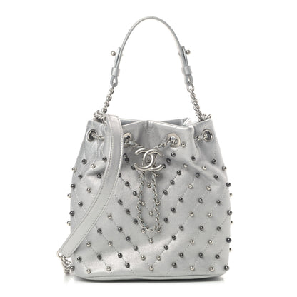 Chanel Metallic Lambskin Studded Chevron Quilted Small Stud Wars Drawstring Bag Silver 1 of 4