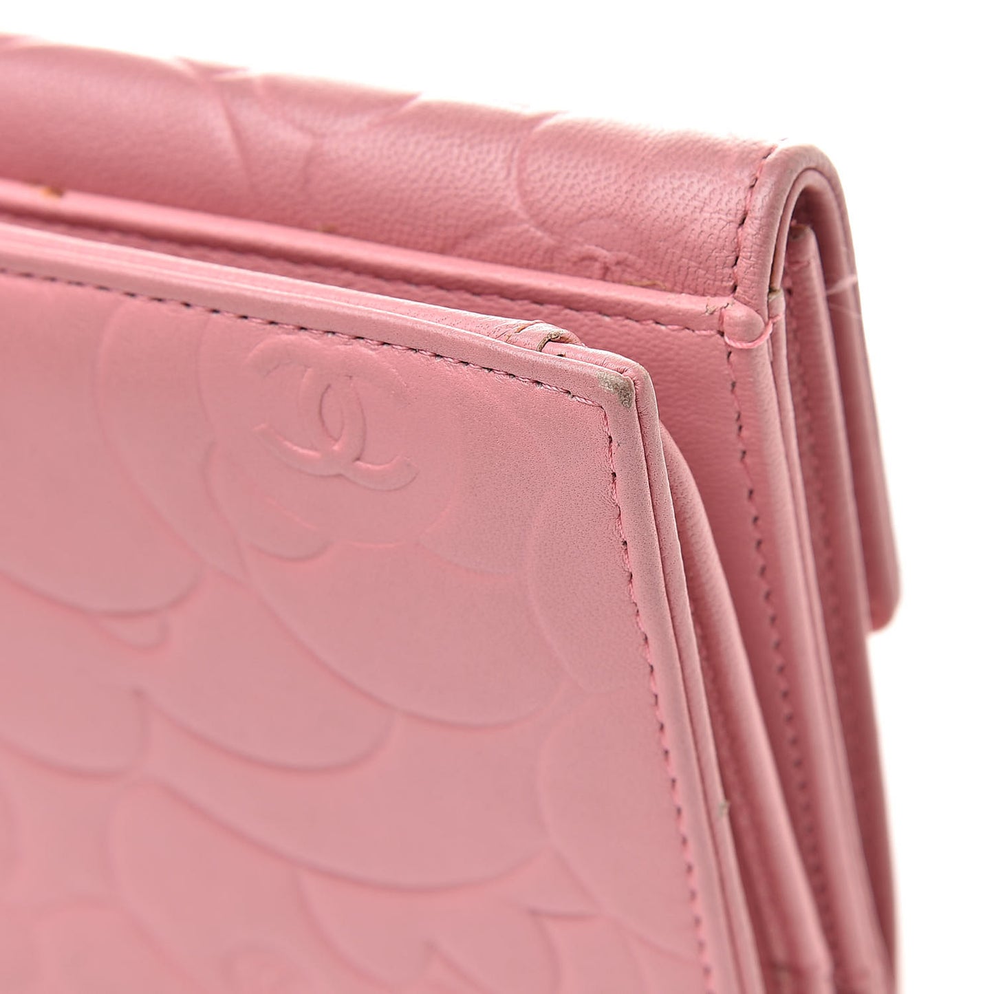 Lambskin Camellia Embossed Long Double Wallet Pink