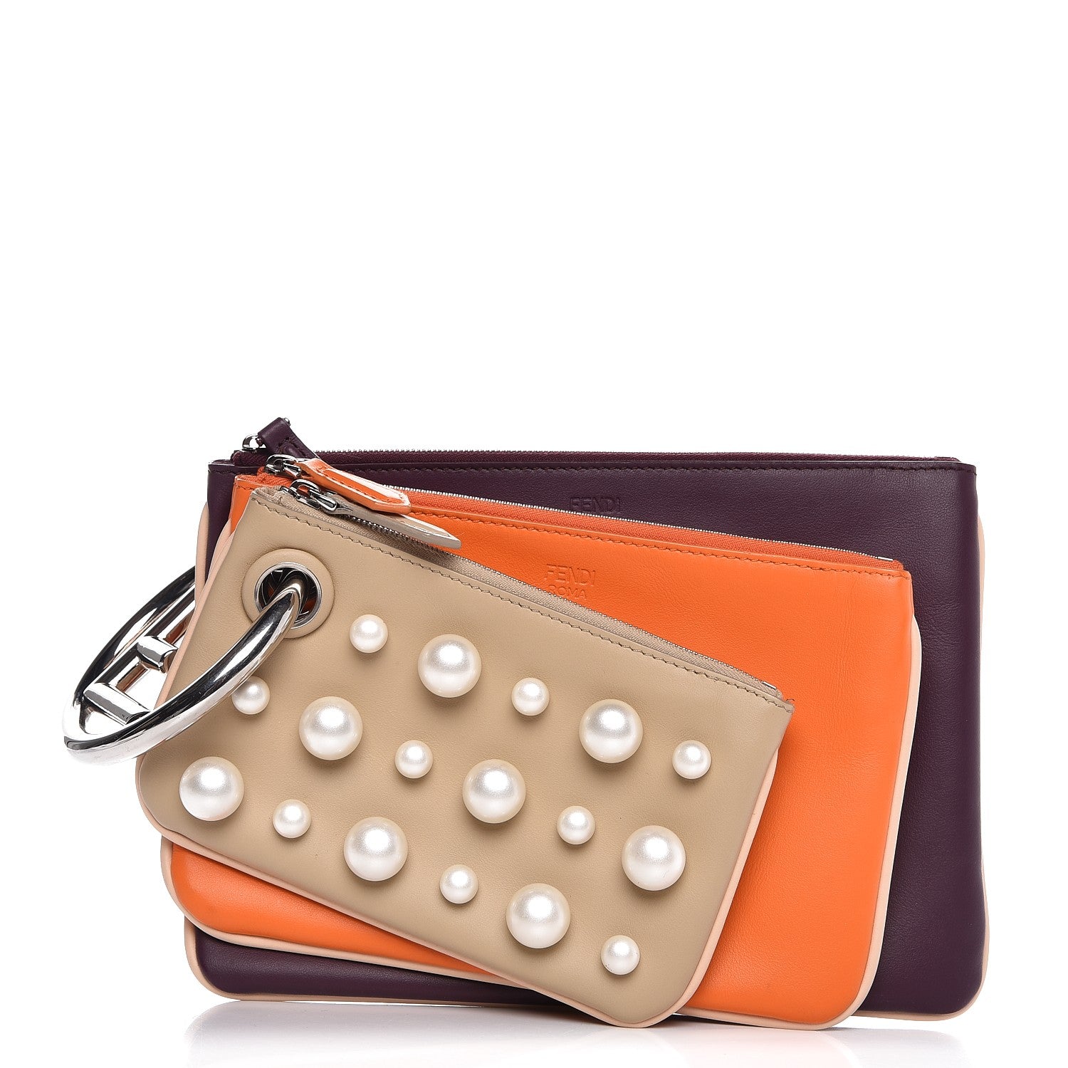 Fendi Calfskin Pearl F is Fendi Embellished Triplette Pouch Set Amido Papaya Amarone 1 of 9