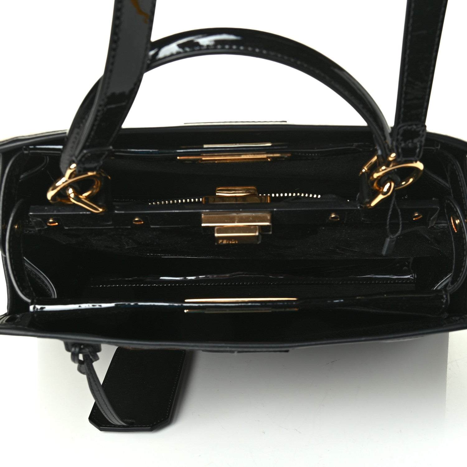 Fendi Patent Glazed Fabric FF 1974 Medium Peekaboo Iconic Defender Satchel Mogano Panna Black 4 of 6