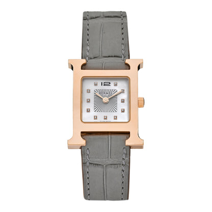 Hermes Stainless Steel Alligator Diamond Mother of Pearl 21mm Heure H Hour Quartz Watch Gris Perle 1 of 5