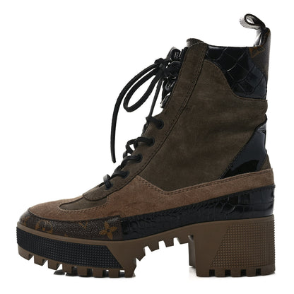 Louis Vuitton Suede Calfskin Crocodile Embossed Patent Monogram Laureate Platform Desert Boots 38 Beige 1 of 8