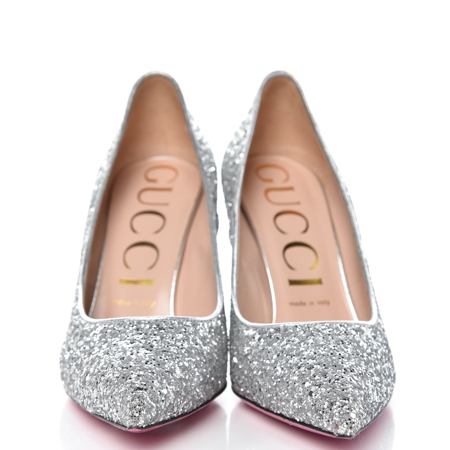 Gucci Nappa Glitter Removable Crystal Heart Pumps 39 Argento 4 of 11