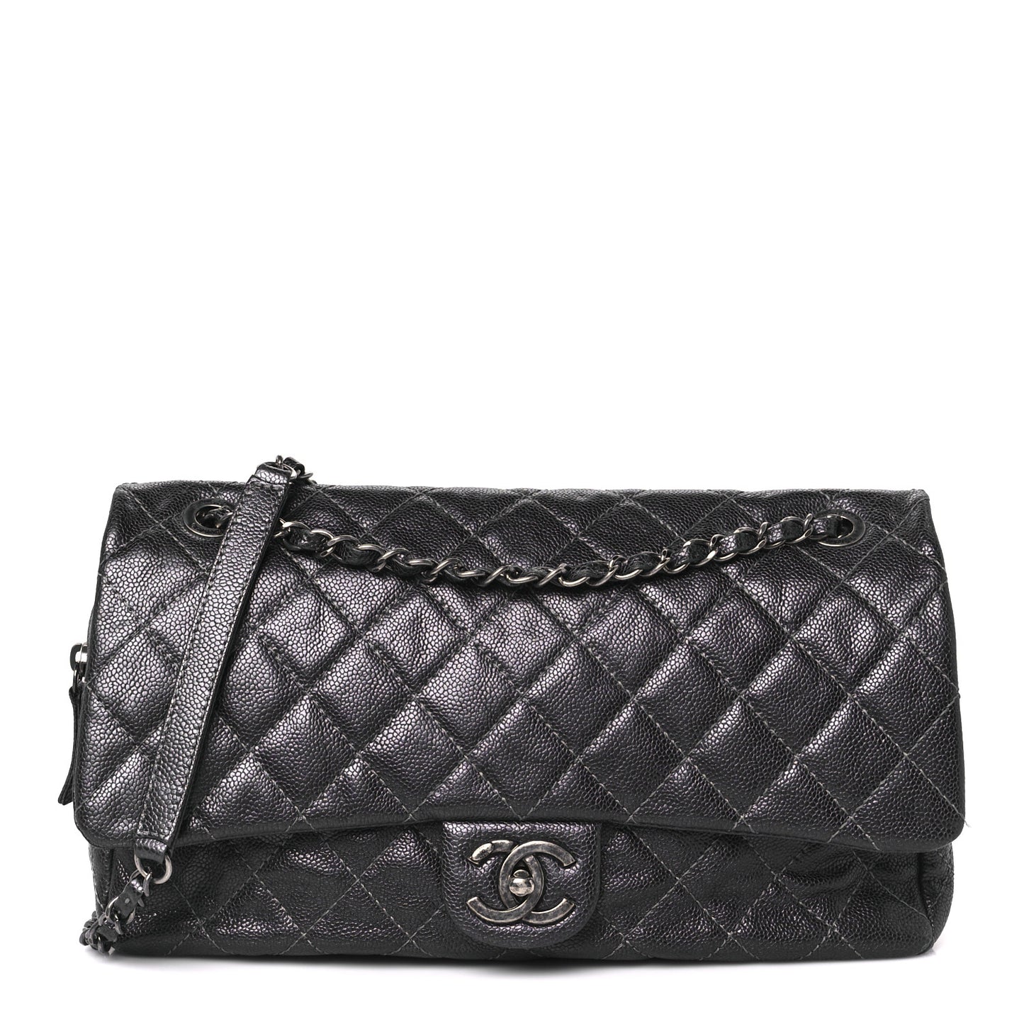 Iridescent Caviar Quilted Jumbo Easy Flap Grey