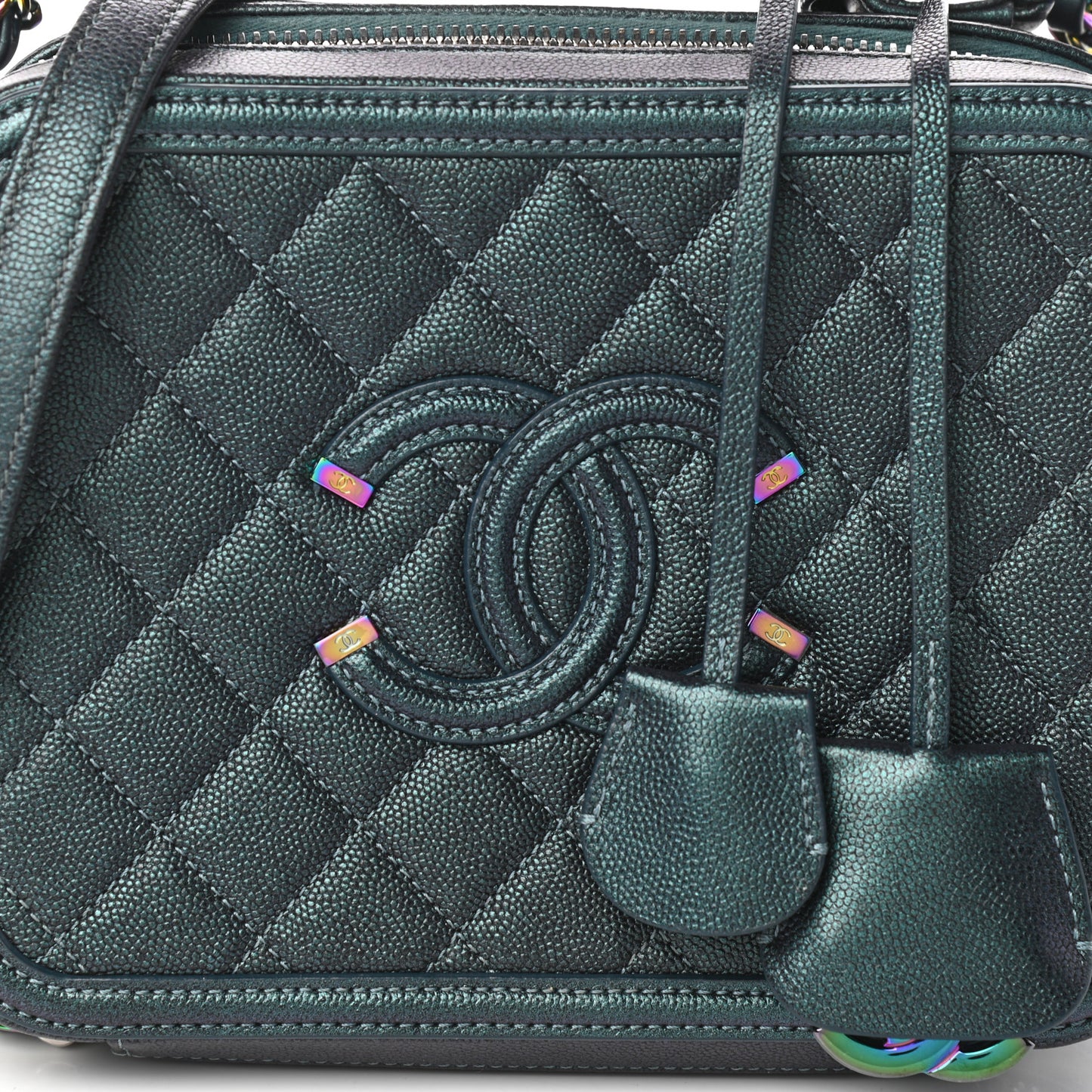 Iridescent Caviar Quilted Medium CC Filigree Vanity Case Dark Turquoise