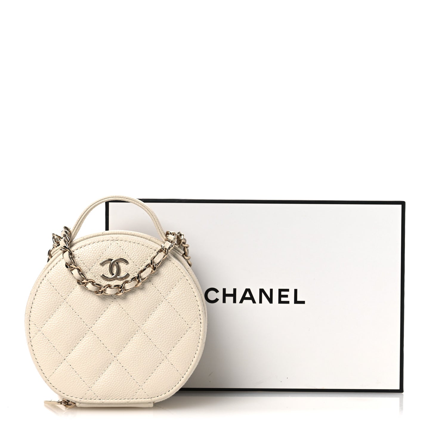 Caviar Quilted Round Handle With Care Vanity With Chain White