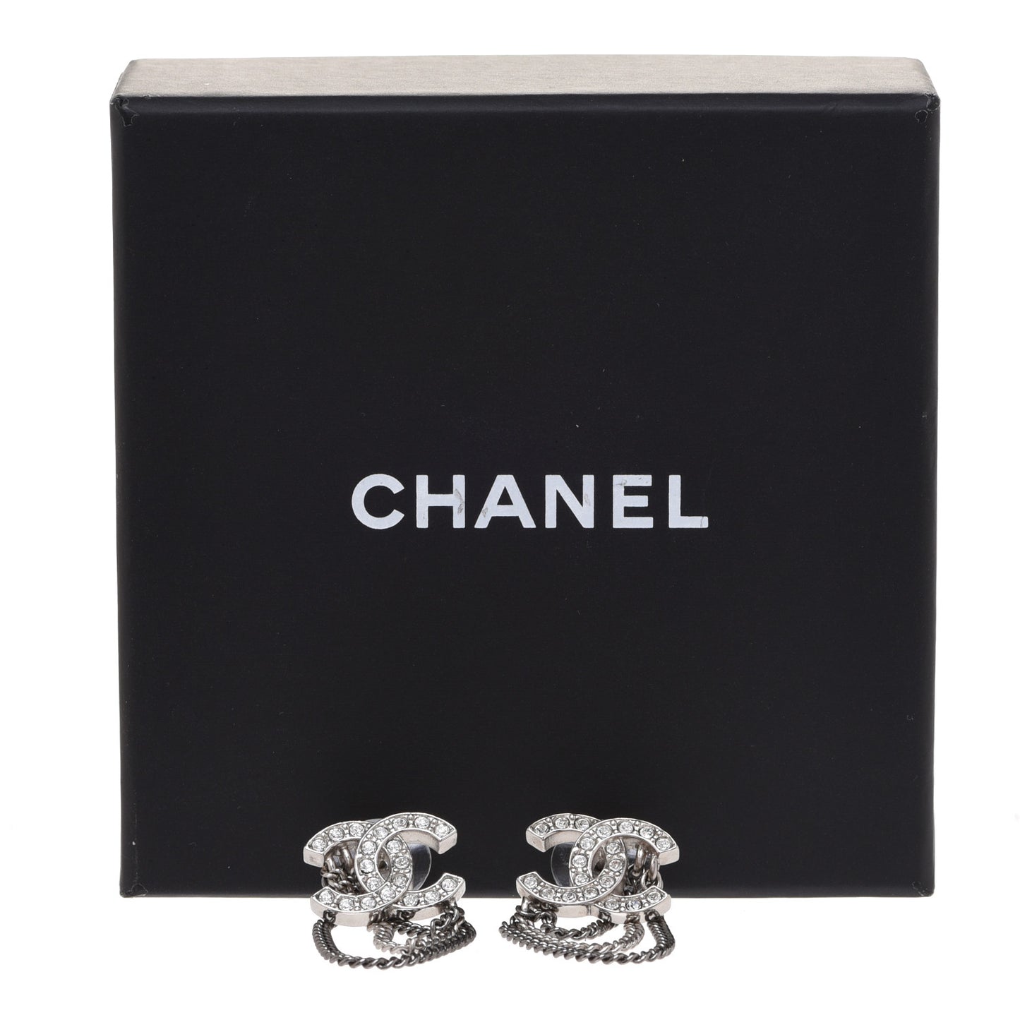 Crystal Chain CC Earrings Silver