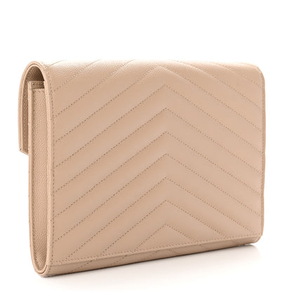 Saint Laurent Grain De Poudre Matelasse Chevron Monogram Envelope Clutch Dark Beige 3 of 10
