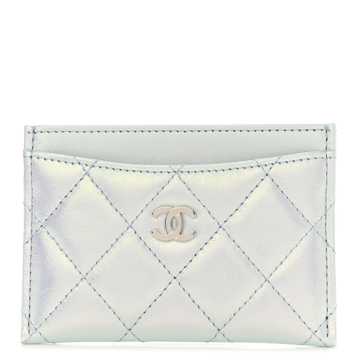Iridescent Calfskin Quilted Card Holder Light Blue