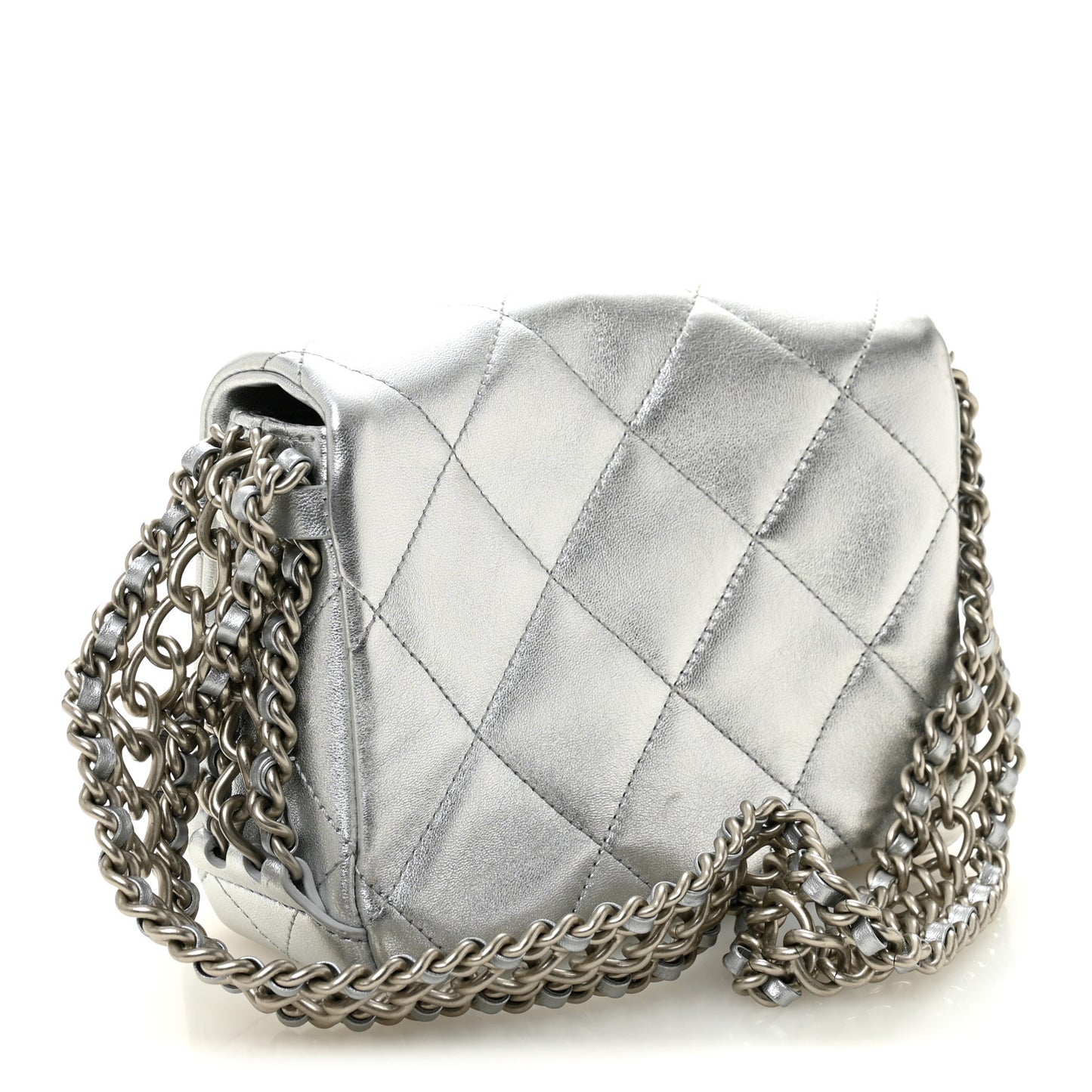 Metallic Lambskin Quilted Mini Chain Rows Flap Silver