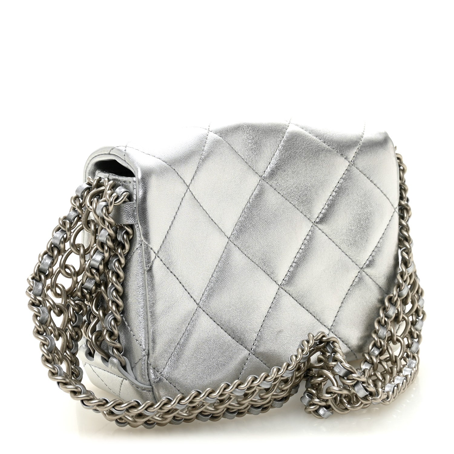 Chanel Metallic Lambskin Quilted Mini Chain Rows Flap Silver 3 of 10