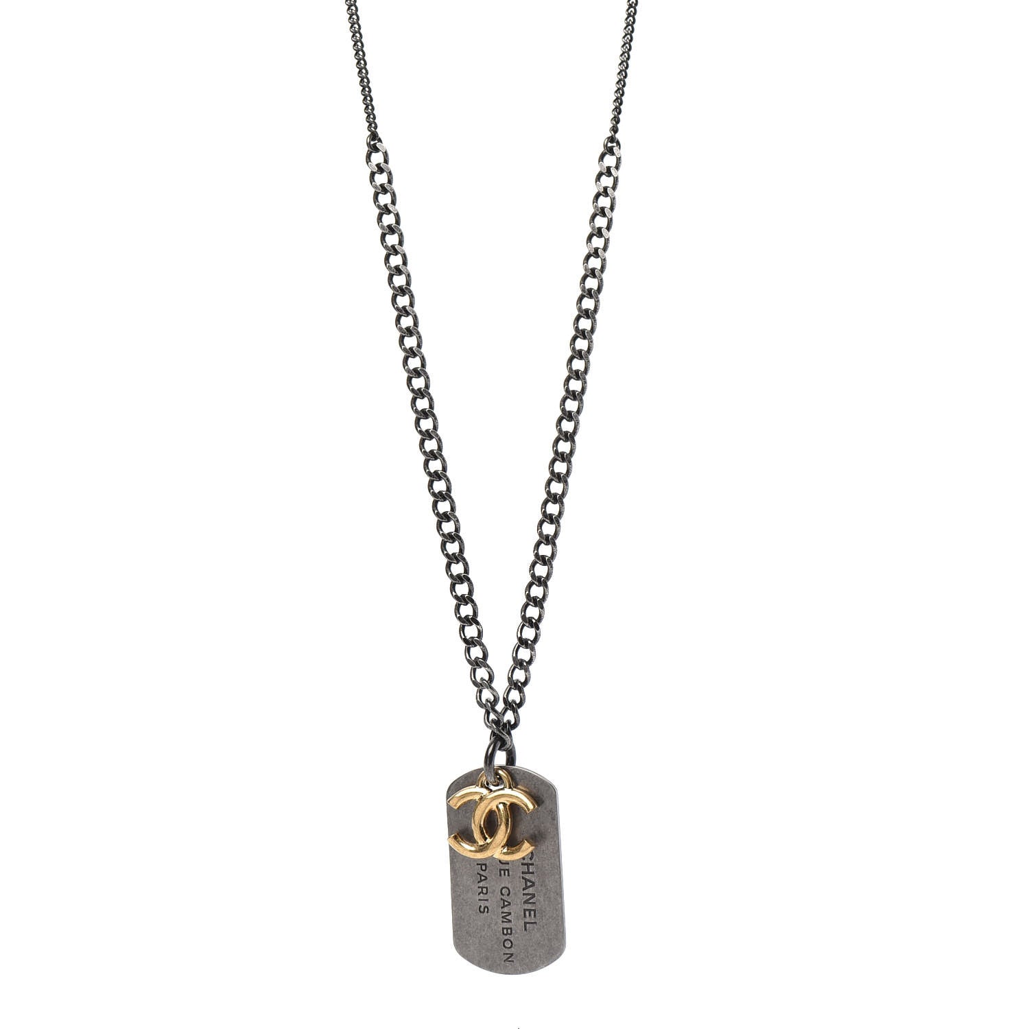 Chanel Ruthenium ID Dog Tag Charm Necklace Silver Gold 1 of 5