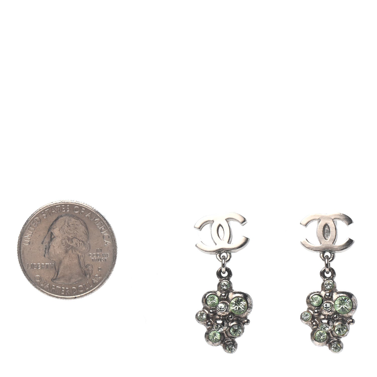 Chanel Crystal CC Drop Earrings Silver Green 2 of 4