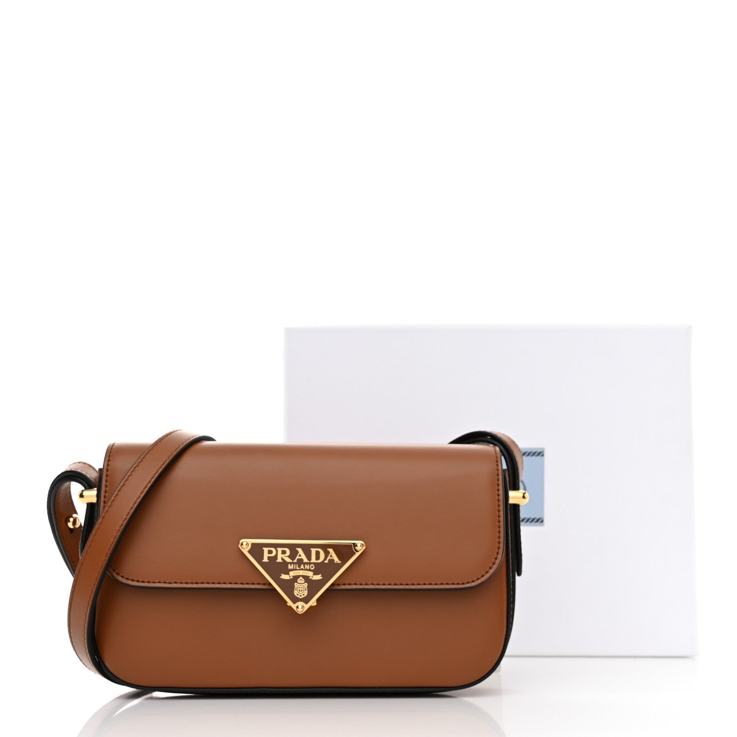 Prada Soft Calfskin Metal Triangle Logo Flap Shoulder Bag Cognac