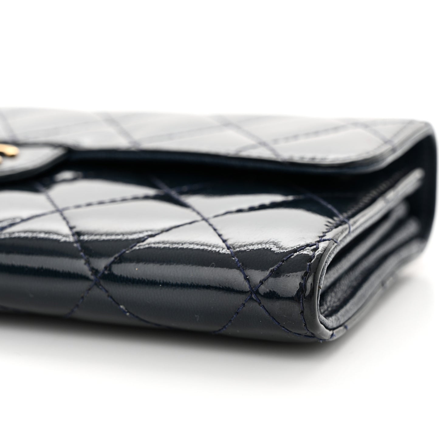 Patent Goatskin Quilted CC Eyelet Wallet On Chain Dark Blue