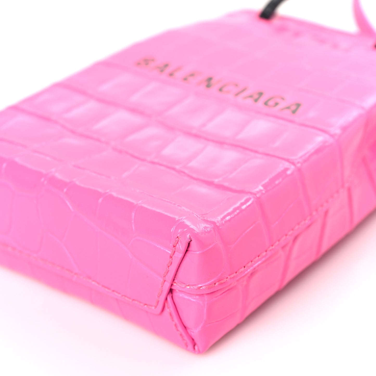 Shiny Calfskin Crocodile Embossed Logo Shopping Phone Holder Bag Pink Black