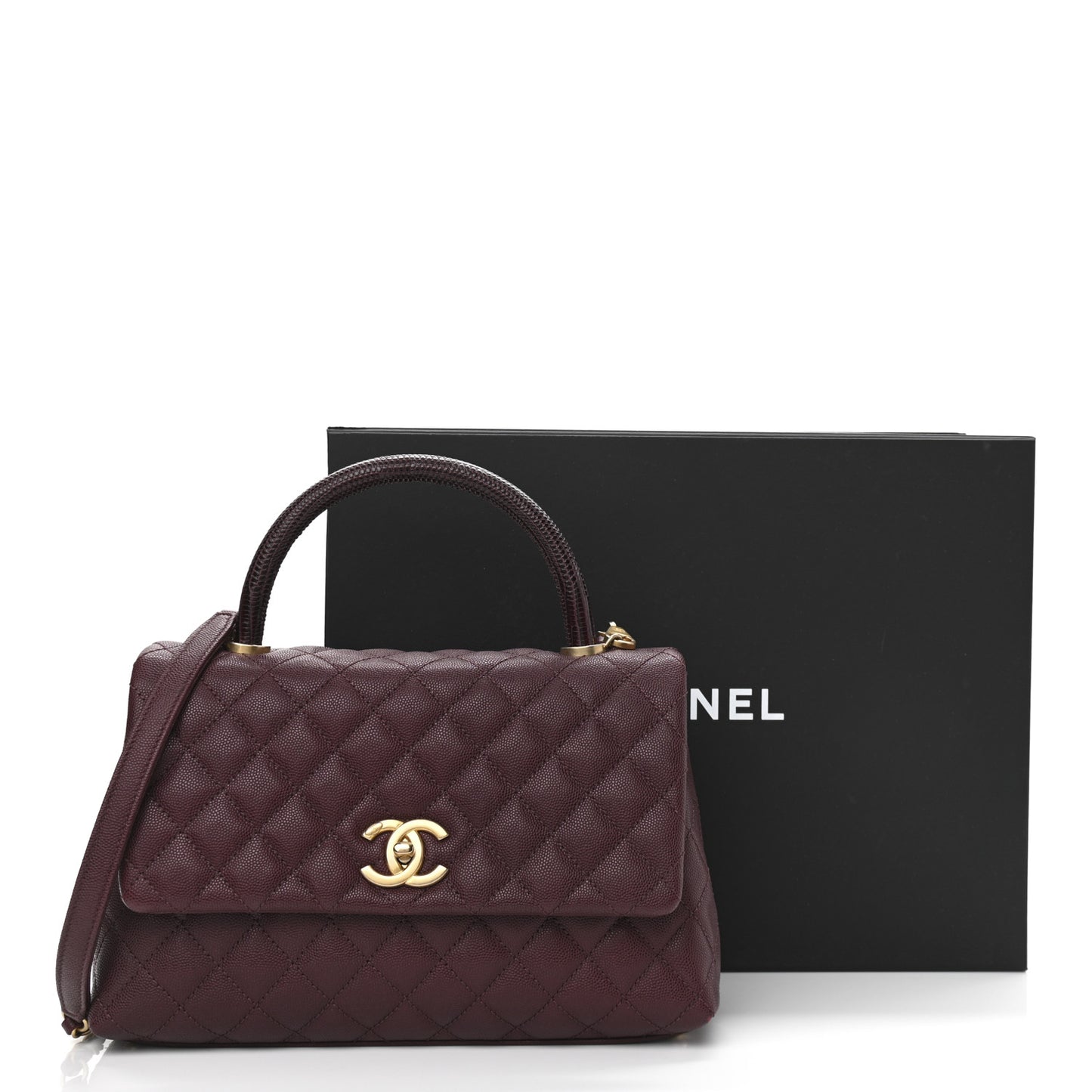Caviar Lizard Embossed Quilted Small Coco Handle Flap Burgundy
