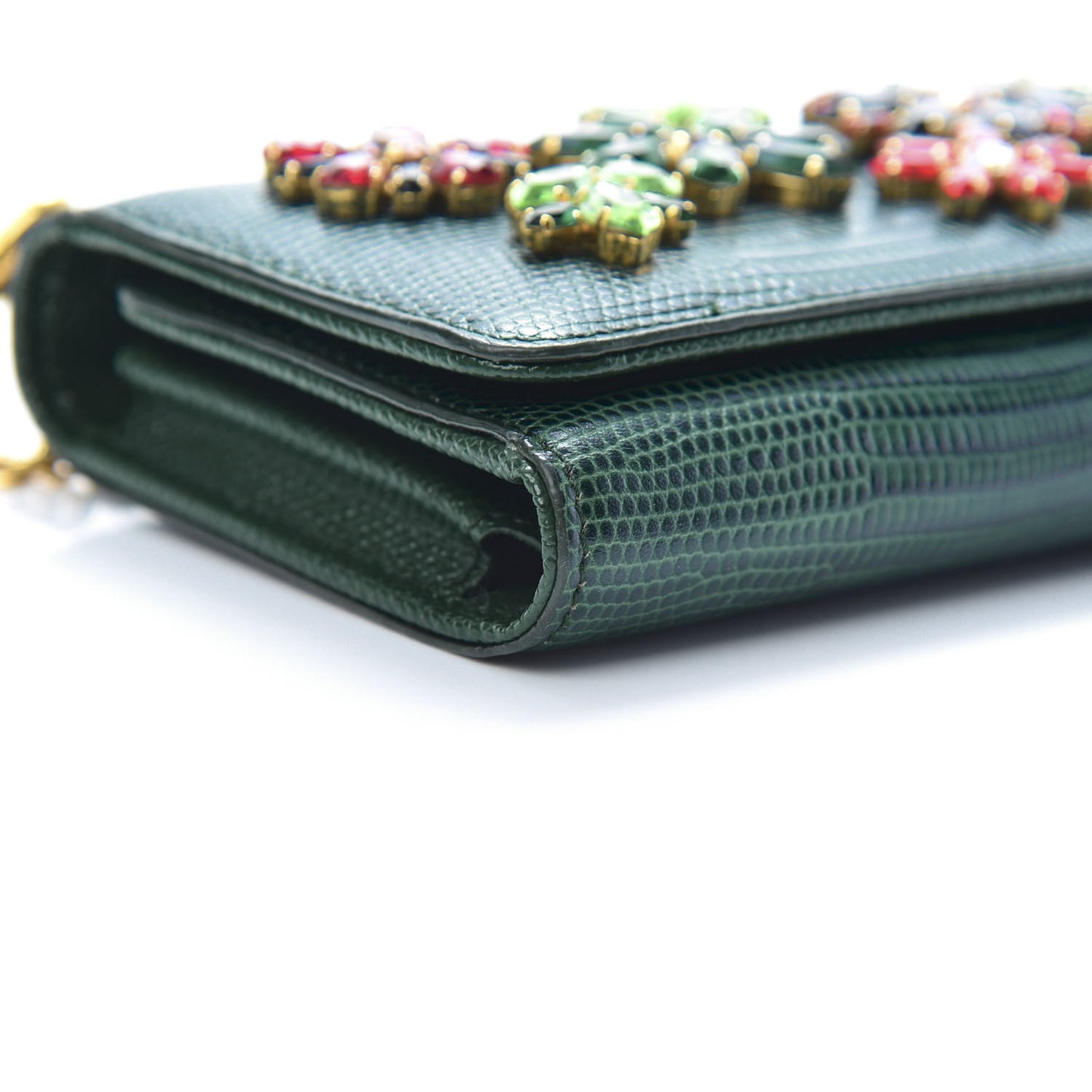 Lizard Calfskin Embossed Crystal Wallet On Chain Green