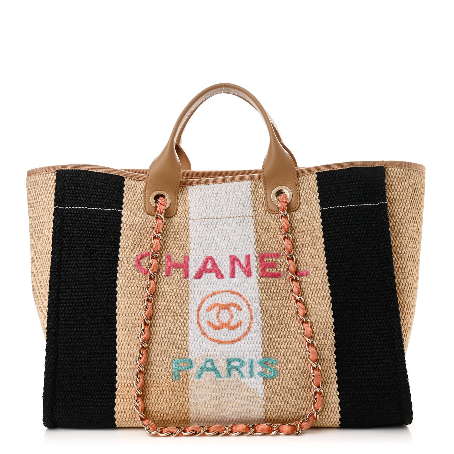 Chanel Straw Raffia Calfskin Striped Medium Deauville Tote Black Beige Ivory 1 of 10