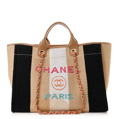 Chanel Straw Raffia Calfskin Striped Medium Deauville Tote Black Beige Ivory 1 of 10