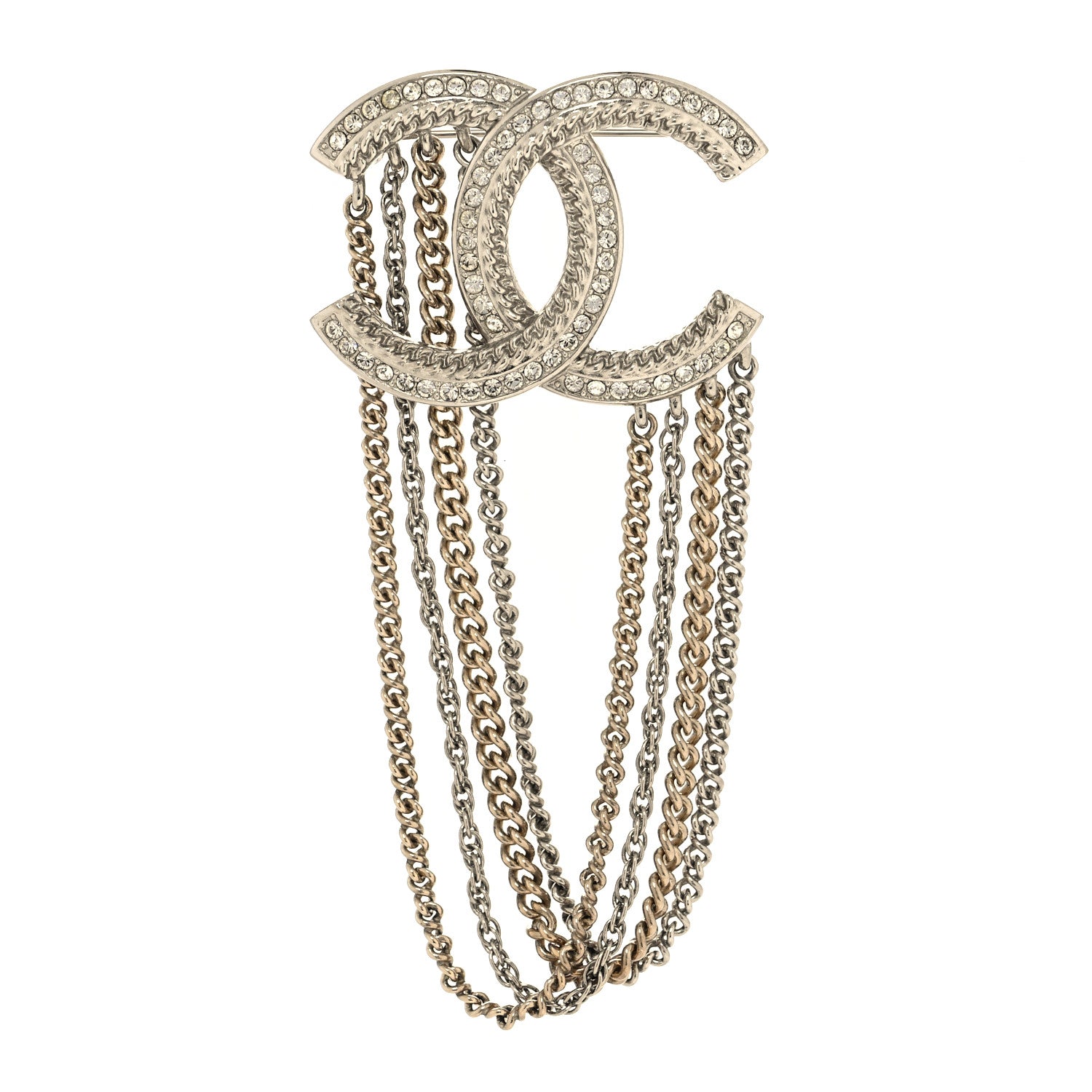 Chanel Crystal Multi Strand Chain CC Brooch Silver Gold 1 of 3