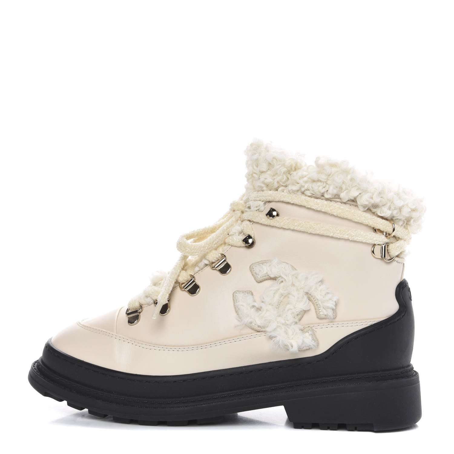 Chanel Calfskin Shearling CC Lace Up Boots 37 Light Beige Ivory 1 of 7