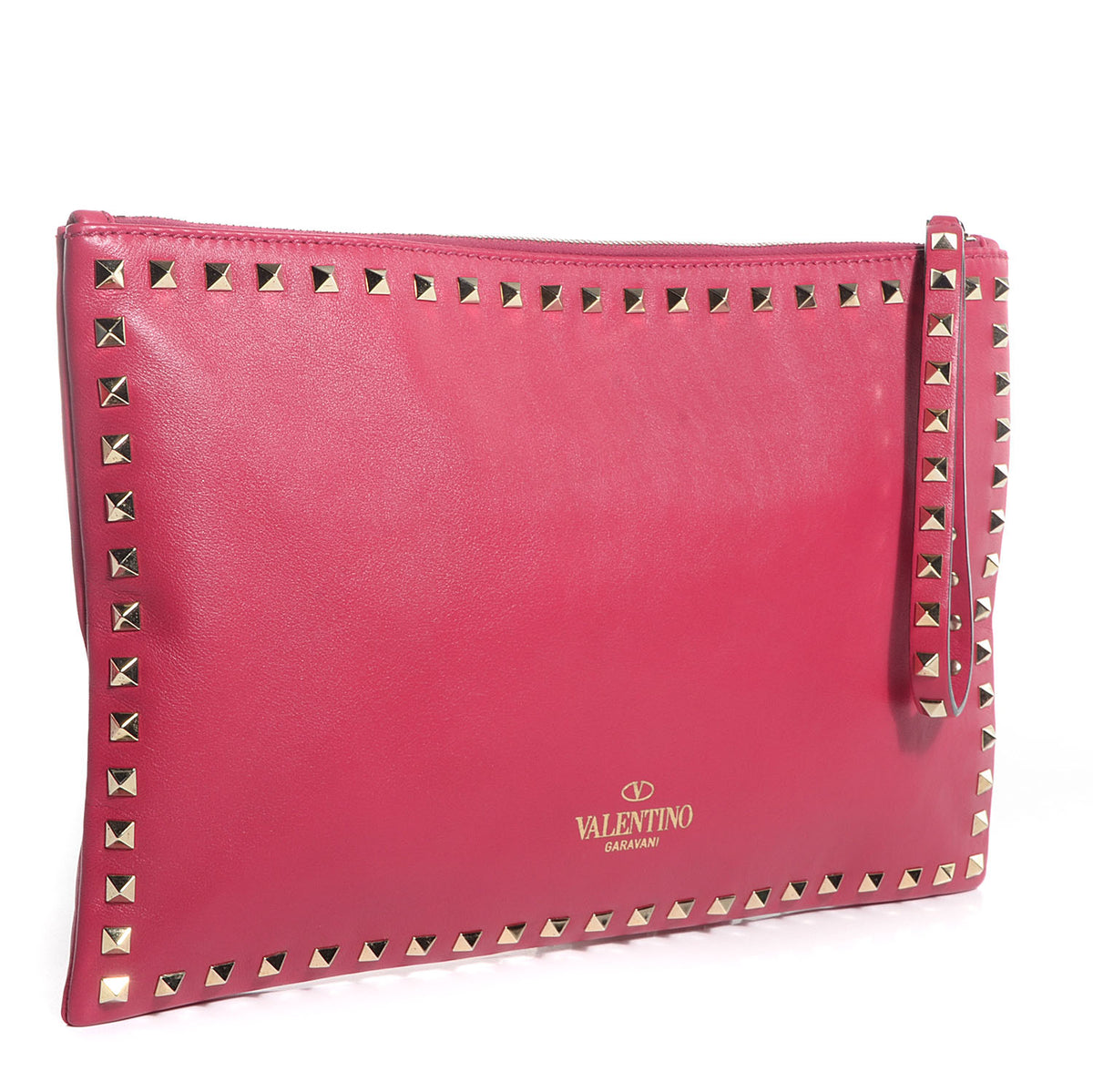 Vitello Oversized Rockstud Zip Wristlet Pouch Cyclamin