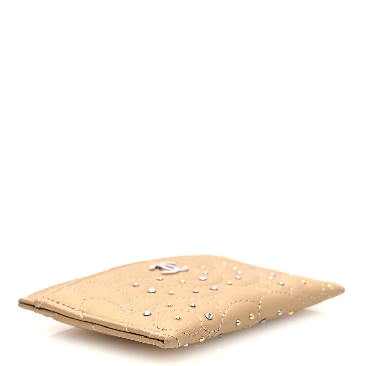 Metallic Lambskin Crystal Camellia Embossed Card Holder Gold