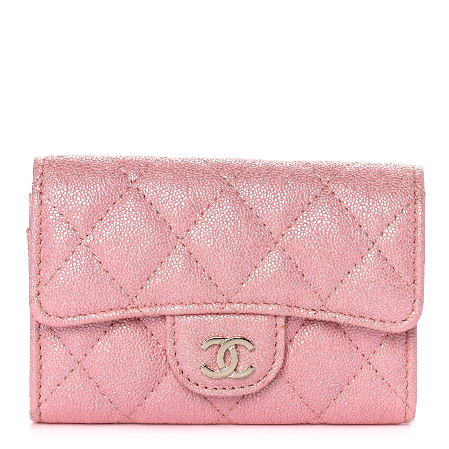 Iridescent Caviar Quilted Flap Card Holder Rose Pink