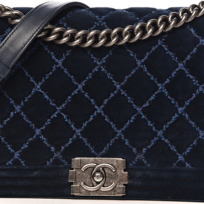 Chanel Velvet Tweed Quilted New Medium Boy Flap Dark Navy Blue 8 of 15