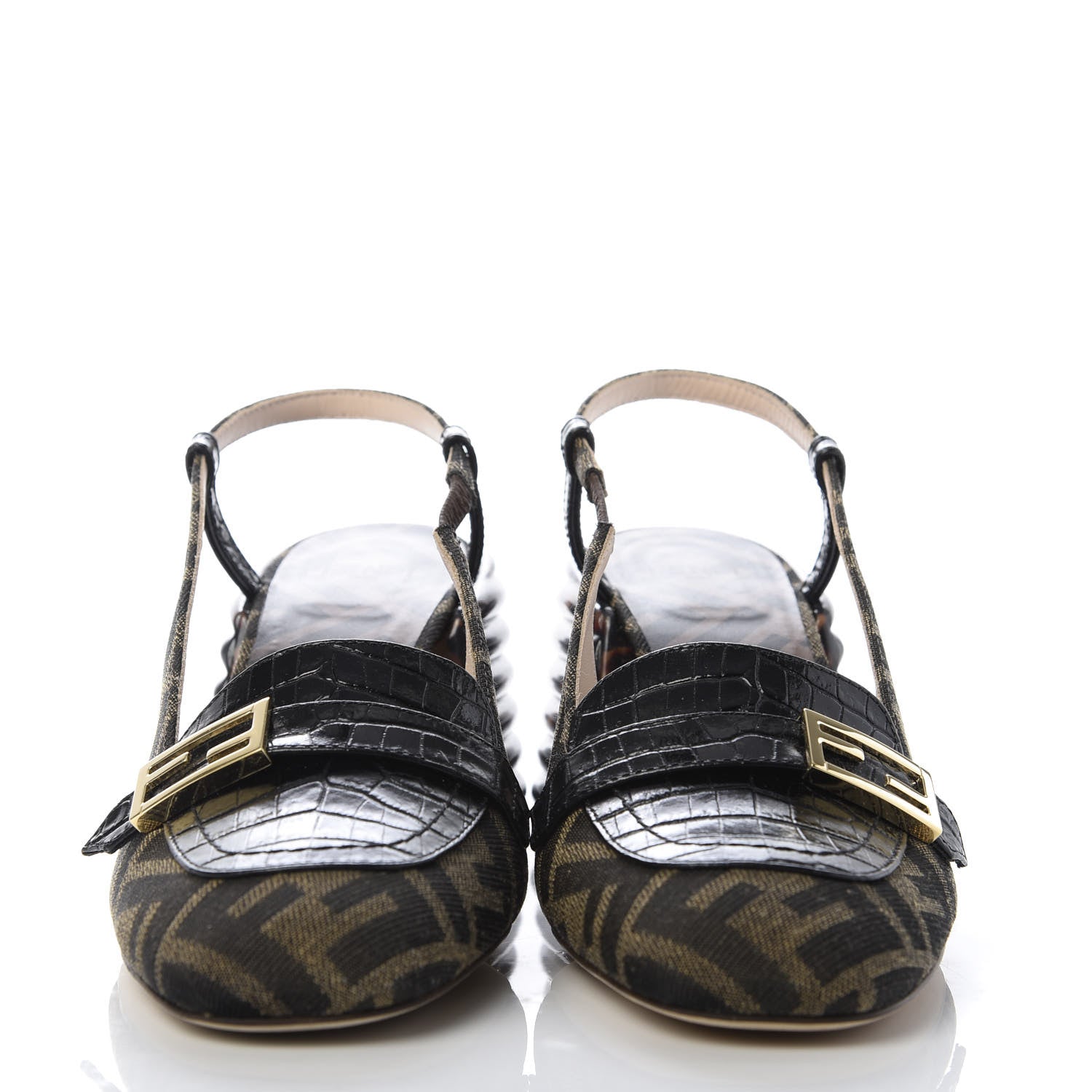 Fendi Jacquard Calfskin FF Tortoise Promenade Slingback Loafer Pumps 36.5 Tobacco 2 of 9