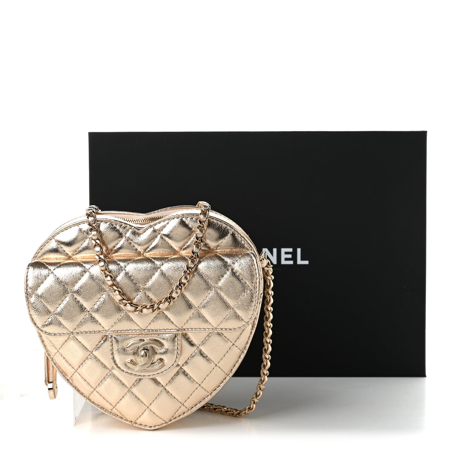 Metallic Lambskin Quilted Large CC In Love Heart Bag Gold