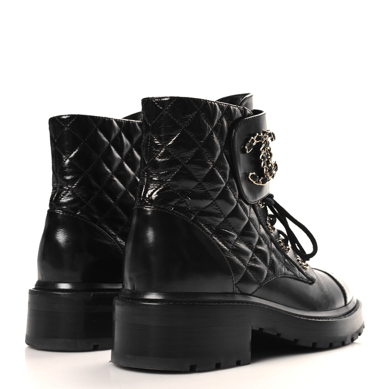 Chanel Shiny Goatskin Calfskin Quilted Lace Up Combat Boots 38 Black 5 of 8