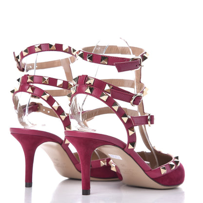 Valentino Garavani Suede Rockstud Ankle Strap Low Heel Pumps 38 Camelia 4 of 10