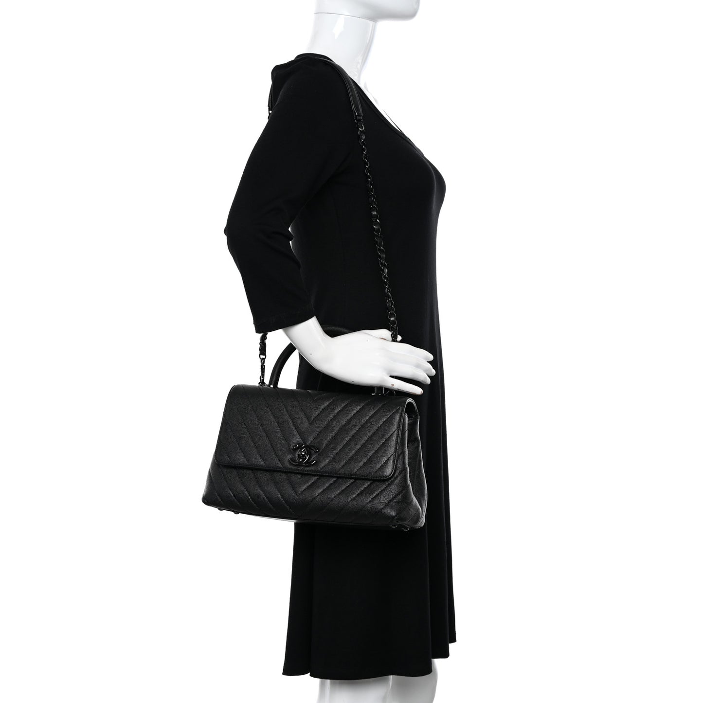 Caviar Chevron Quilted Small Coco Handle Flap So Black