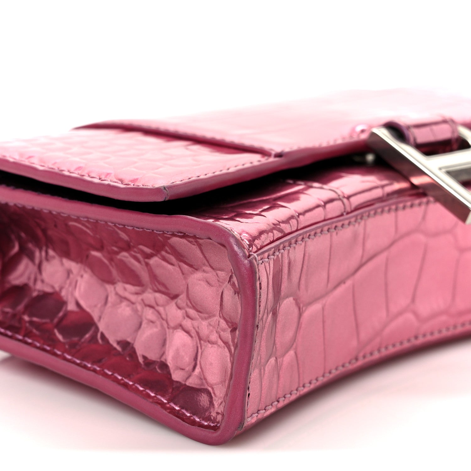 Balenciaga Metallic Shiny Calfskin Crocodile Embossed Hourglass Chain Bag Pink 10 of 11