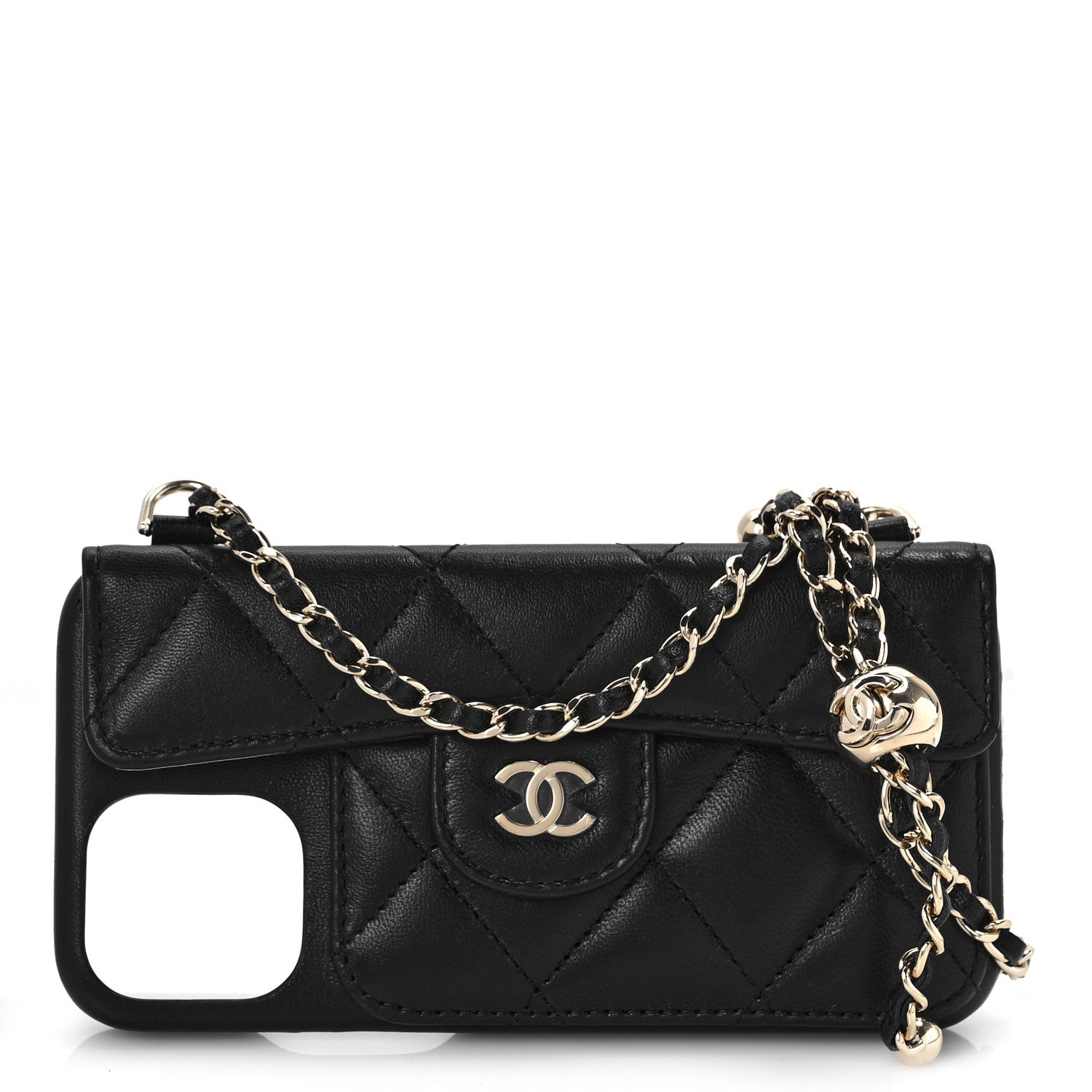 Chanel Lambskin Quilted Pearl Crush iPhone XII Pro Holder With Chain Black 2 of 6