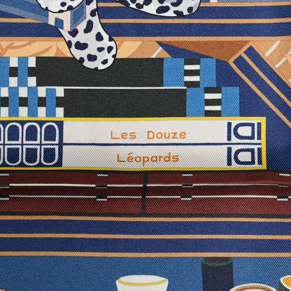 Hermes Silk Les Douze Leopards Scarf 90 Bleu Beige Jaune 2 of 6