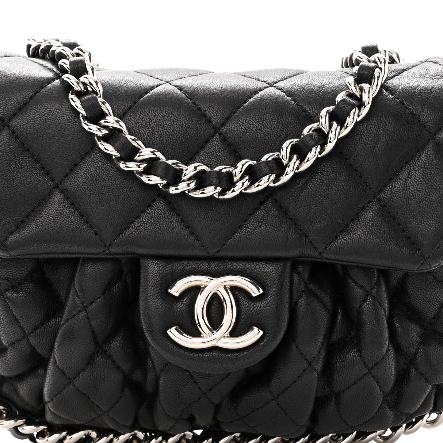 Washed Lambskin Quilted Mini Chain Around Flap Black